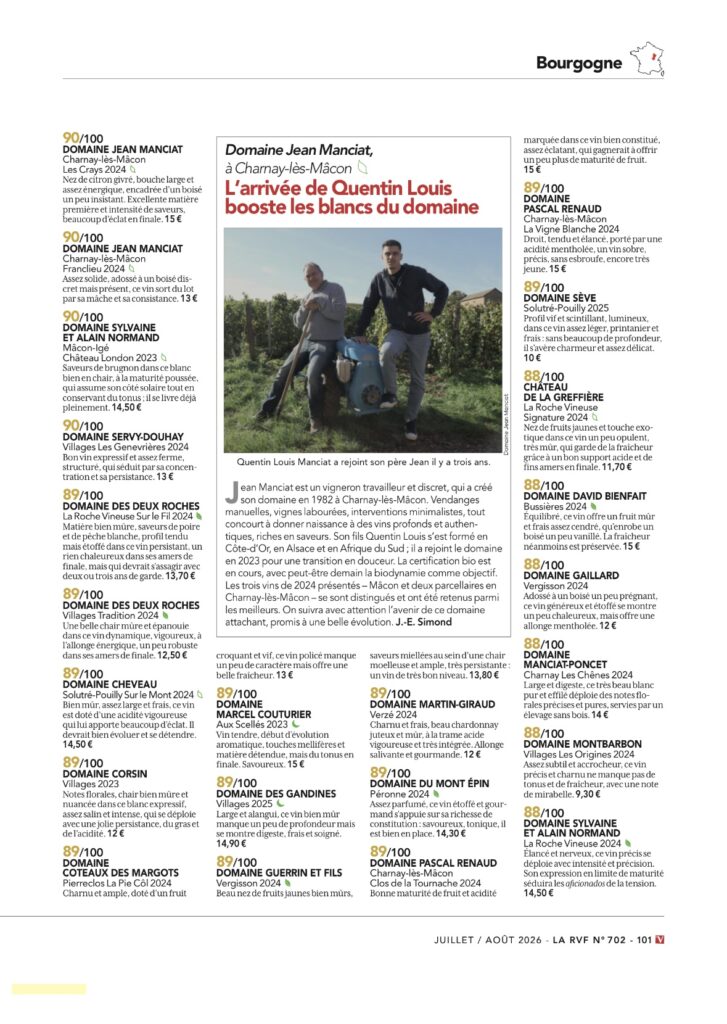 Article de La Revue du Vin de France présentant le Domaine Jean Manciat à Charnay-lès-Mâcon